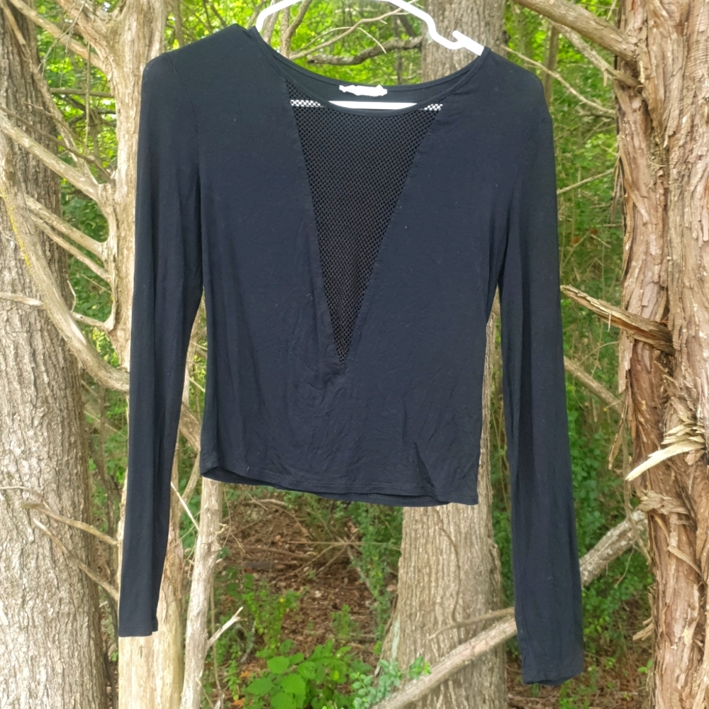 Black See Through Front Area Long Sleeve Blouse